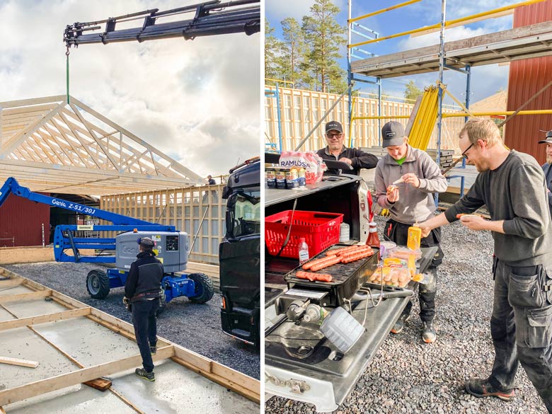 Kran som lyfter stommar av trä